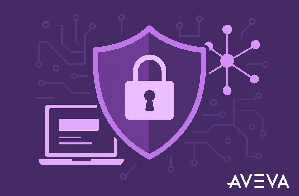 purple illustration with a drawing of a badge, padlock and laptop with the AVEVA logo